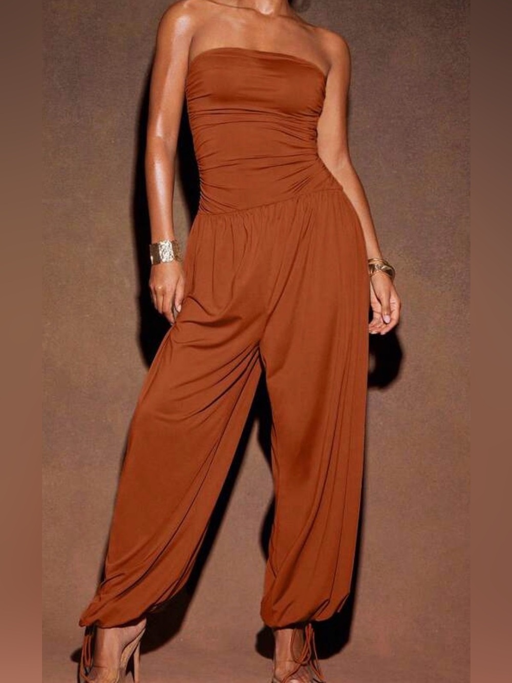 SHEIN Strapless Rust Wide-Leg Jumpsuit